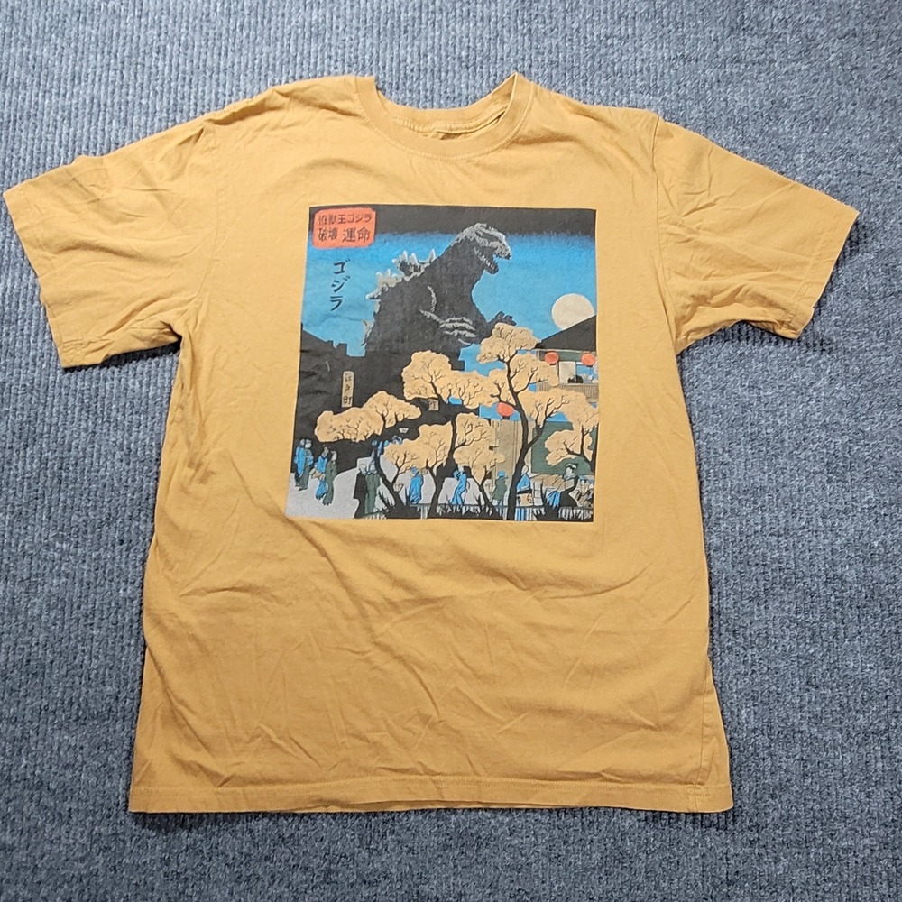 Godzilla Graphic T-Shirt Mens Mustard Yellow Ukiyo-e Japanese Art Large